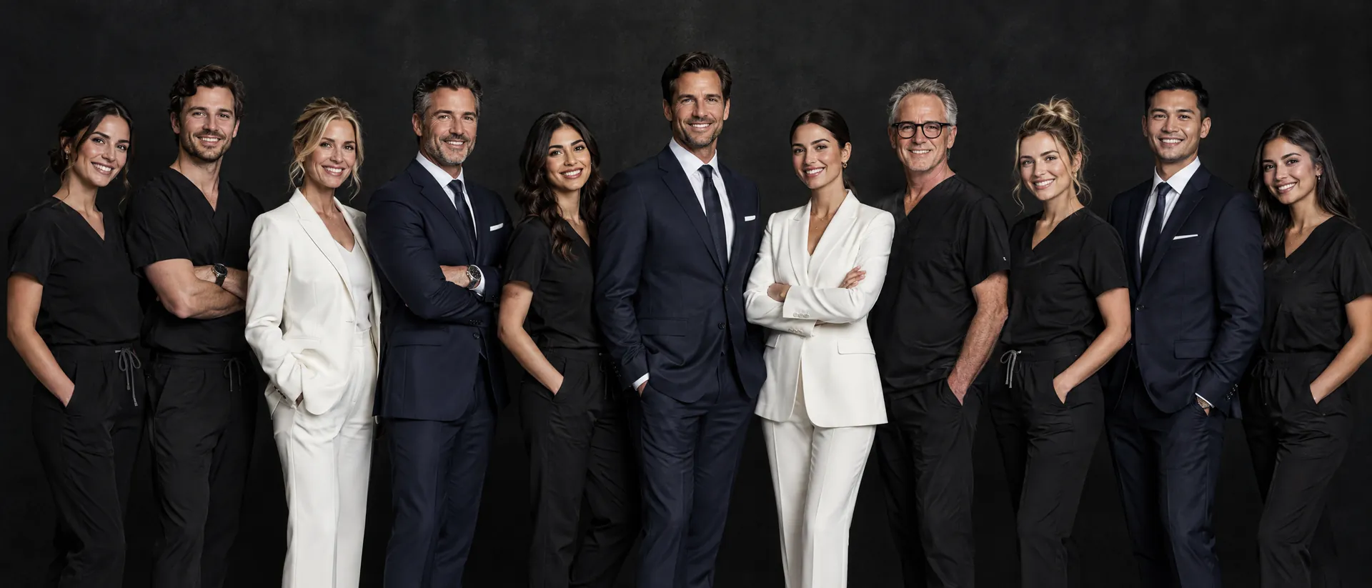 The Kaolin team in tailored suits and black scrubs